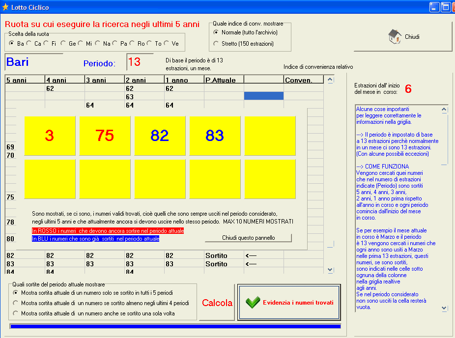 lotto ciclico mostra i numeri ricorrenti